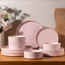 Load image into Gallery viewer, AmorArc Ceramic Dinnerware Set for 4 | Speckled Stoneware Plates and Bowls with unglazed terracotta | Scratch Resistant, Dishwasher & Microwave Safe ,Service for 4 Dishes Set(12pcs),Pink