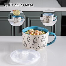 Load image into Gallery viewer, AmorArc 32 Ounces Ceramic Soup Mugs with Lids and Handle, Stoneware Bowls Cup Set of 2 for Soup, Stew, Noodle, Beautiful Mug Bowls With Lovely Dog,Cat Patterns, Microwave&Dishwasher Safe, Blue