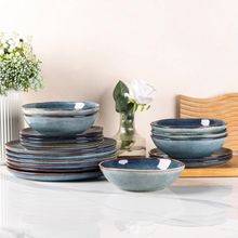 Load image into Gallery viewer, AmorArc Ceramic Dinner Plates Set of 6, 10.5 Inch Handmade Reactive Glaze Stoneware Plates, Rustic Shape Dinnerware Dish Set for Kitchen, Microwave & Dishwasher Safe, Scratch Resistant-Ceylon Blue