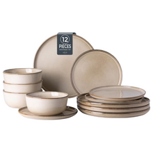 Load image into Gallery viewer, AmorArc Ceramic Dinnerware Sets for 4, 12 Pieces Stoneware Plates and Bowls Sets, Scratch Resistant Dishes, Dishwasher & Microwave Safe, Reactive Glaze-Cappuccino (Service for 4)