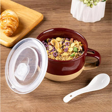 Load image into Gallery viewer, AmorArc Ceramic Soup Mugs with Handles and Lids,24 OZ Soup Cups Set of 2 with Terracotta Underside,Mug Bowls with Spoon for Soup/Cereal/Salad/Noodles/Ramen/Microware &Dishwasher Safe-Blue&Red