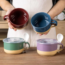 Load image into Gallery viewer, AmorArc Ceramic Soup Mugs with Handles and Lids,24 OZ Soup Cups Set of 4 with Terracotta Underside,Mug Bowls with Spoon for Soup/Cereal/Salad/Noodles/Ramen/Microware &Dishwasher Safe-Multicolor-2