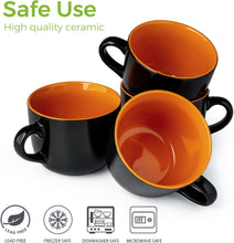 Load image into Gallery viewer, AmorArc Ceramic Soup Mugs with Lid, 24 oz Soup Cups with Hanlde for Coffee,Cereal,Salad,Noodles,Tea,Soup Bowls Cups,Microwave &Dishwasher Safe, Set of 4, Orange with Vented lid
