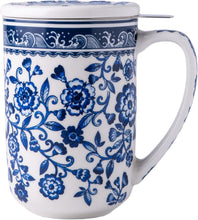 Load image into Gallery viewer, AmorArc Porcelain Tea Mug with Infuser and Lids, 18 Oz Cup Strainer Bag Holder for Loose Leaf Tea, Steeping Coffee Well-wrapped Box House-warming Wedding Birthday Gift, WhiteBlue