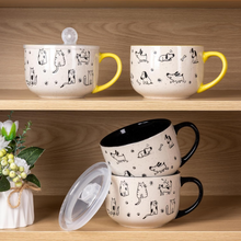 Load image into Gallery viewer, AmorArc 32 Ounces Ceramic Soup Mugs with Lids and Handle, Stoneware Bowls Cup Set of 2 for Soup, Stew, Noodle, Beautiful Mug Bowls With Lovely Dog,Cat Patterns, Microwave&Dishwasher Safe, Black