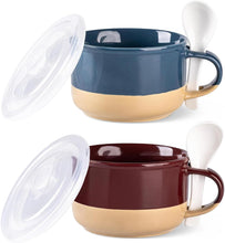 Load image into Gallery viewer, AmorArc Ceramic Soup Mugs with Handles and Lids,24 OZ Soup Cups Set of 2 with Terracotta Underside,Mug Bowls with Spoon for Soup/Cereal/Salad/Noodles/Ramen/Microware &Dishwasher Safe-Blue&Red