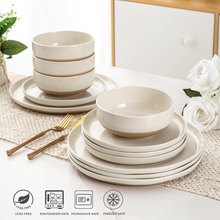 Load image into Gallery viewer, AmorArc Ceramic Dinnerware Sets for 6, 18 Pieces Handpainted Plates and Bowls Set with Rustic Terracotta Underside, Scratch Resistant Stoneware Dishes Set, Dishwasher & Microwave Safe,Light Beige