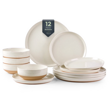 Load image into Gallery viewer, AmorArc Ceramic Dinnerware Sets for 4, 12 Pieces Handpainted Plates and Bowls Set with Rustic Terracotta Underside, Scratch Resistant Stoneware Dishes Set, Dishwasher & Microwave Safe,Light Beige