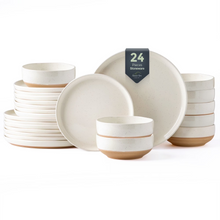 Load image into Gallery viewer, AmorArc Ceramic Dinnerware Sets for 8, 24 Pieces Handpainted Plates and Bowls Set with Rustic Terracotta Underside, Scratch Resistant Stoneware Dishes Set, Dishwasher & Microwave Safe,Light Beige