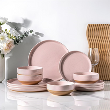 Load image into Gallery viewer, AmorArc Ceramic Dinnerware Sets for 4, 12 Pieces Handpainted Plates and Bowls Set with Rustic Terracotta Underside, Scratch Resistant Stoneware Dishes Set, Dishwasher & Microwave Safe, Cloud Pink