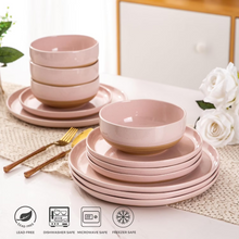 Load image into Gallery viewer, AmorArc Ceramic Dinnerware Sets for 4, 12 Pieces Handpainted Plates and Bowls Set with Rustic Terracotta Underside, Scratch Resistant Stoneware Dishes Set, Dishwasher & Microwave Safe, Cloud Pink