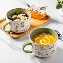 Load image into Gallery viewer, AmorArc 32 Ounces Ceramic Soup Mugs with Lids and Handle, Stoneware Bowls Cup Set of 2 for Soup, Stew, Noodle, Beautiful Mug Bowls With Lovely Dog,Cat Patterns, Microwave&Dishwasher Safe, Olive
