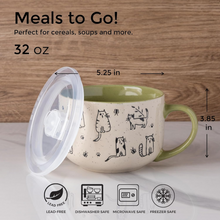 Load image into Gallery viewer, AmorArc 32 Ounces Ceramic Soup Mugs with Lids and Handle, Stoneware Bowls Cup Set of 2 for Soup, Stew, Noodle, Beautiful Mug Bowls With Lovely Dog,Cat Patterns, Microwave&Dishwasher Safe, Olive