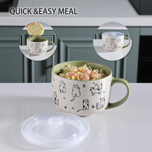 Load image into Gallery viewer, AmorArc 32 Ounces Ceramic Soup Mugs with Lids and Handle, Stoneware Bowls Cup Set of 2 for Soup, Stew, Noodle, Beautiful Mug Bowls With Lovely Dog,Cat Patterns, Microwave&Dishwasher Safe, Olive