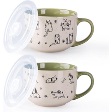 Load image into Gallery viewer, AmorArc 32 Ounces Ceramic Soup Mugs with Lids and Handle, Stoneware Bowls Cup Set of 2 for Soup, Stew, Noodle, Beautiful Mug Bowls With Lovely Dog,Cat Patterns, Microwave&Dishwasher Safe, Olive