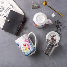 Load image into Gallery viewer, AmorArc Porcelain Tea Mug with Infuser and Lids, 18 Oz Cup Strainer Bag Holder for Loose Leaf Tea, Steeping Coffee Well-wrapped Box House-warming Wedding Birthday Gift, BluePurple