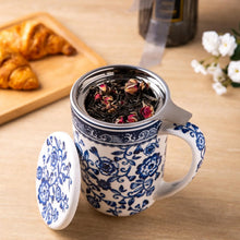 Load image into Gallery viewer, AmorArc Porcelain Tea Mug with Infuser and Lids, 18 Oz Cup Strainer Bag Holder for Loose Leaf Tea, Steeping Coffee Well-wrapped Box House-warming Wedding Birthday Gift, WhiteBlue