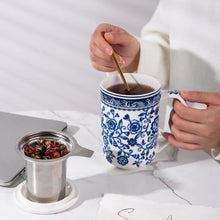 Load image into Gallery viewer, AmorArc Porcelain Tea Mug with Infuser and Lids, 18 Oz Cup Strainer Bag Holder for Loose Leaf Tea, Steeping Coffee Well-wrapped Box House-warming Wedding Birthday Gift, WhiteBlue