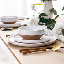 Load image into Gallery viewer, AmorArc Ceramic Dinnerware Sets for 4, 12 Pieces Handpainted Plates and Bowls Set with Rustic Terracotta Underside, Scratch Resistant Stoneware Dishes Set, Dishwasher & Microwave Safe, White