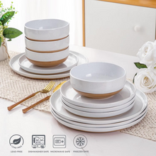 Load image into Gallery viewer, AmorArc Ceramic Dinnerware Sets for 4, 12 Pieces Handpainted Plates and Bowls Set with Rustic Terracotta Underside, Scratch Resistant Stoneware Dishes Set, Dishwasher & Microwave Safe, White