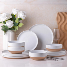 Load image into Gallery viewer, AmorArc Ceramic Dinnerware Sets for 4, 12 Pieces Handpainted Plates and Bowls Set with Rustic Terracotta Underside, Scratch Resistant Stoneware Dishes Set, Dishwasher & Microwave Safe, White