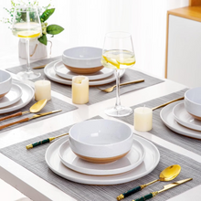 Load image into Gallery viewer, AmorArc Ceramic Dinnerware Sets for 4, 12 Pieces Handpainted Plates and Bowls Set with Rustic Terracotta Underside, Scratch Resistant Stoneware Dishes Set, Dishwasher & Microwave Safe, White