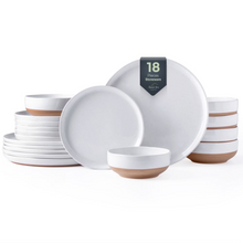Load image into Gallery viewer, AmorArc Ceramic Dinnerware Sets for 6, 18 Pieces Handpainted Plates and Bowls Set with Rustic Terracotta Underside, Scratch Resistant Stoneware Dishes Set, Dishwasher & Microwave Safe, White