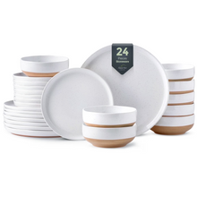 Load image into Gallery viewer, AmorArc Ceramic Dinnerware Sets for 8, 24 Pieces Handpainted Plates and Bowls Set with Rustic Terracotta Underside, Scratch Resistant Stoneware Dishes Set, Dishwasher & Microwave Safe, White
