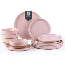 Load image into Gallery viewer, AmorArc Ceramic Dinnerware Sets for 4, 12 Pieces Handpainted Plates and Bowls Set with Rustic Terracotta Underside, Scratch Resistant Stoneware Dishes Set, Dishwasher & Microwave Safe, Cloud Pink