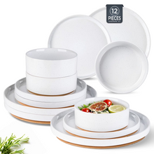 Load image into Gallery viewer, AmorArc Ceramic Dinnerware Set for 4 | Speckled Stoneware Plates and Bowls with unglazed terracotta | Scratch Resistant, Dishwasher & Microwave Safe ,Service for 4 Dishes Set(12pcs),White