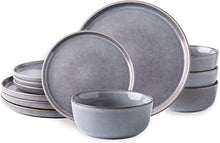 Load image into Gallery viewer, Round Stoneware Reactive Glaze Plates and Bowls Set for 4 (12PCs)