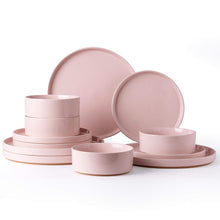 Load image into Gallery viewer, AmorArc Ceramic Dinnerware Set for 4 | Speckled Stoneware Plates and Bowls with unglazed terracotta | Scratch Resistant, Dishwasher &amp; Microwave Safe ,Service for 4 Dishes Set(12pcs),Pink
