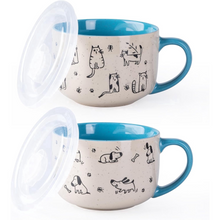 Load image into Gallery viewer, AmorArc 32 Ounces Ceramic Soup Mugs with Lids and Handle, Stoneware Bowls Cup Set of 2 for Soup, Stew, Noodle, Beautiful Mug Bowls With Lovely Dog,Cat Patterns, Microwave&amp;Dishwasher Safe, Blue
