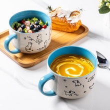 Load image into Gallery viewer, AmorArc 32 Ounces Ceramic Soup Mugs with Lids and Handle, Stoneware Bowls Cup Set of 2 for Soup, Stew, Noodle, Beautiful Mug Bowls With Lovely Dog,Cat Patterns, Microwave&amp;Dishwasher Safe, Blue
