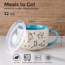 Load image into Gallery viewer, AmorArc 32 Ounces Ceramic Soup Mugs with Lids and Handle, Stoneware Bowls Cup Set of 2 for Soup, Stew, Noodle, Beautiful Mug Bowls With Lovely Dog,Cat Patterns, Microwave&amp;Dishwasher Safe, Blue

