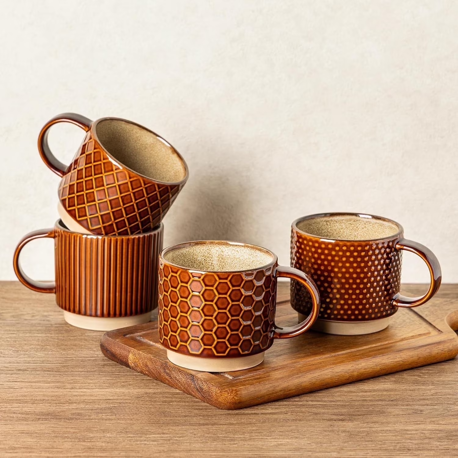 AmorArc 15OZ Stackable Coffee Mugs, Ceramic Coffee Cups with Texture  Patterns for Man,Woman,Dad,Mom, Modern Coffee Mugs Set of 4 for 