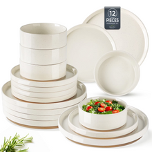 Load image into Gallery viewer, AmorArc Ceramic Dinnerware Set for 4 | Speckled Stoneware Plates and Bowls with unglazed terracotta | Scratch Resistant, Dishwasher &amp; Microwave Safe ,Service for 4 Dishes Set(12pcs),Beige
