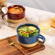 Load image into Gallery viewer, AmorArc Ceramic Soup Mugs with Handles and Lids,24 OZ Soup Cups Set of 2 with Terracotta Underside,Mug Bowls with Spoon for Soup/Cereal/Salad/Noodles/Ramen/Microware &amp;Dishwasher Safe-Blue&amp;Red
