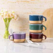 Load image into Gallery viewer, AmorArc Ceramic Soup Mugs with Handles and Lids,24 OZ Soup Cups Set of 2 with Terracotta Underside,Mug Bowls with Spoon for Soup/Cereal/Salad/Noodles/Ramen/Microware &amp;Dishwasher Safe-Green&amp;Purple
