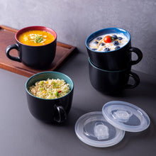 Load image into Gallery viewer, AmorArc Ceramic Soup Mugs with Lid, 24 oz Soup Cups with Hanlde for Coffee,Cereal,Salad,Noodles,Tea,Soup Bowls Cups,Microwave &amp;Dishwasher Safe, Set of 4, Multi-color with Vented lid
