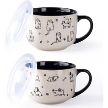 Load image into Gallery viewer, AmorArc 32 Ounces Ceramic Soup Mugs with Lids and Handle, Stoneware Bowls Cup Set of 2 for Soup, Stew, Noodle, Beautiful Mug Bowls With Lovely Dog,Cat Patterns, Microwave&amp;Dishwasher Safe, Black
