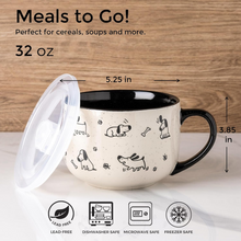 Load image into Gallery viewer, AmorArc 32 Ounces Ceramic Soup Mugs with Lids and Handle, Stoneware Bowls Cup Set of 2 for Soup, Stew, Noodle, Beautiful Mug Bowls With Lovely Dog,Cat Patterns, Microwave&amp;Dishwasher Safe, Black
