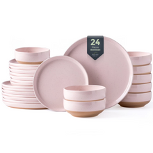 Load image into Gallery viewer, AmorArc Ceramic Dinnerware Sets for 8, 24 Pieces Handpainted Speckled Plates and Bowls Set with Rustic Terracotta Underside, Scratch Resistant Stoneware Dishes Set, Dishwasher &amp; Microwave Safe, Pink
