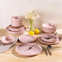 Load image into Gallery viewer, AmorArc Ceramic Dinnerware Sets for 8, 24 Pieces Handpainted Speckled Plates and Bowls Set with Rustic Terracotta Underside, Scratch Resistant Stoneware Dishes Set, Dishwasher &amp; Microwave Safe, Pink
