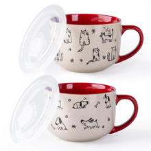 Load image into Gallery viewer, AmorArc 32 Ounces Ceramic Soup Mugs with Lids and Handle, Stoneware Bowls Cup Set of 2 for Soup, Stew, Noodle, Beautiful Mug Bowls With Lovely Dog,Cat Patterns, Microwave&amp;Dishwasher Safe,Red

