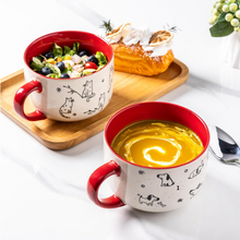 Load image into Gallery viewer, AmorArc 32 Ounces Ceramic Soup Mugs with Lids and Handle, Stoneware Bowls Cup Set of 2 for Soup, Stew, Noodle, Beautiful Mug Bowls With Lovely Dog,Cat Patterns, Microwave&amp;Dishwasher Safe,Red

