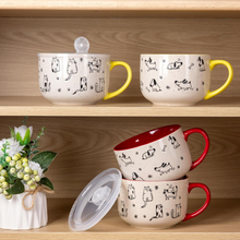Load image into Gallery viewer, AmorArc 32 Ounces Ceramic Soup Mugs with Lids and Handle, Stoneware Bowls Cup Set of 2 for Soup, Stew, Noodle, Beautiful Mug Bowls With Lovely Dog,Cat Patterns, Microwave&amp;Dishwasher Safe,Red
