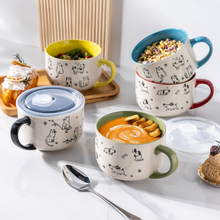 Load image into Gallery viewer, AmorArc 32 Ounces Ceramic Soup Mugs with Lids and Handle, Stoneware Bowls Cup Set of 2 for Soup, Stew, Noodle, Beautiful Mug Bowls With Lovely Dog,Cat Patterns, Microwave&amp;Dishwasher Safe, Olive
