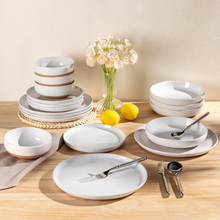 Load image into Gallery viewer, AmorArc Ceramic Dinnerware Sets for 6, 18 Pieces Handpainted Plates and Bowls Set with Rustic Terracotta Underside, Scratch Resistant Stoneware Dishes Set, Dishwasher &amp; Microwave Safe, White
