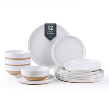 Load image into Gallery viewer, AmorArc Ceramic Dinnerware Sets for 4, 12 Pieces Handpainted Plates and Bowls Set with Rustic Terracotta Underside, Scratch Resistant Stoneware Dishes Set, Dishwasher &amp; Microwave Safe, White
